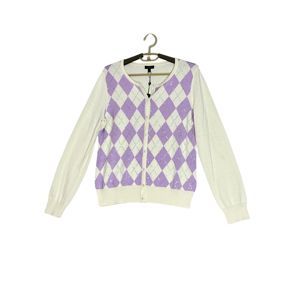 NWT Talbots Women Argyle Sequin Cardigan Sweater Medium Preppy Golf Country Club